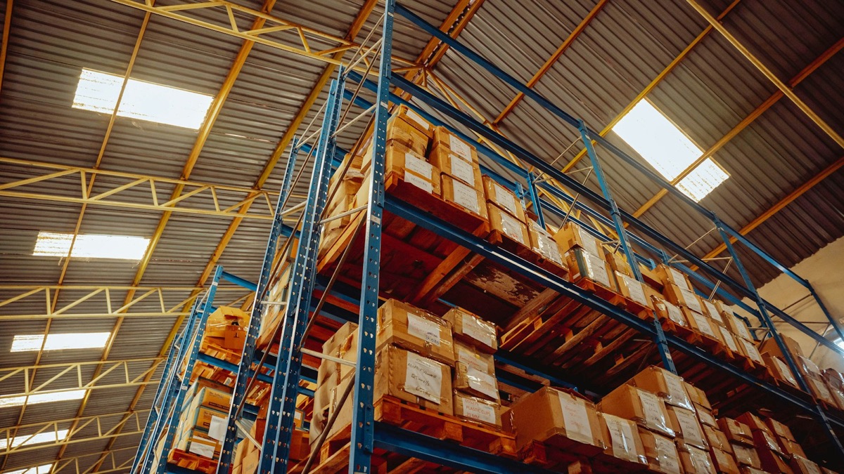 Stacked boxes of goods ready for distribution
