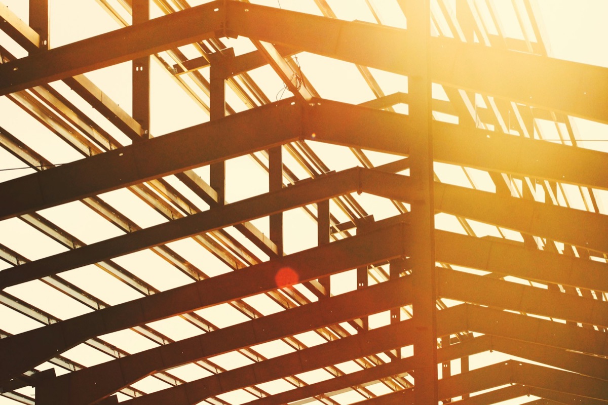 Steel beams forming a building roof structure